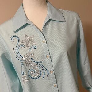 Embellished Blue & White Women's Seahorse Top, Size S